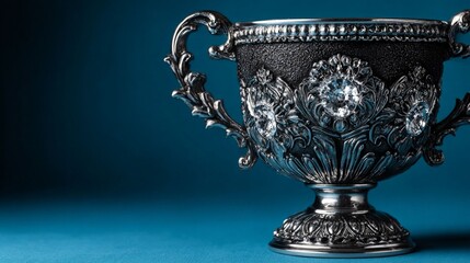 Elegant Silver Chalice: A close-up shot of a sophisticated silver chalice, its intricate design shimmering against a muted background, exuding an aura of timeless beauty and regal sophistication.