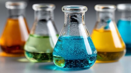 Vibrant Liquids: A captivating collection of conical flasks filled with a spectrum of vivid liquids, arranged in a visually striking composition.