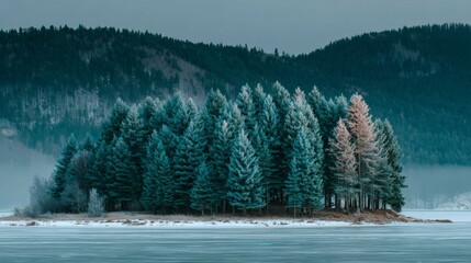 Island of Trees: A picturesque landscape of a small island with lush coniferous trees, against a misty mountainous backdrop reflecting on the frozen lake's surface.