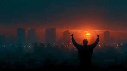 Silhouette of Triumph: A solitary figure, arms raised towards the radiant sun, embodies the spirit of victory and hope against the backdrop of an urban landscape, celebrating a moment of achievement.