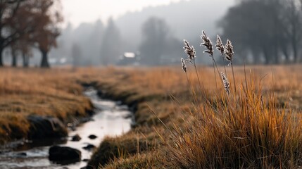 Serene Waters and Golden Fields: A tranquil stream meanders through a golden field, its waters reflecting the soft light of the hazy day.