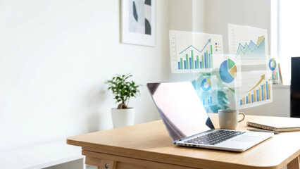 Modern Office Desk with Laptop and Holographic Financial Charts
