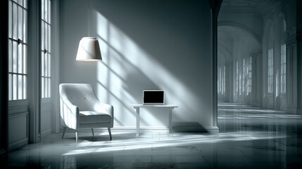 Serene Minimalist Interior: A tranquil interior scene is bathed in natural light, creating an inviting space. A lone chair and a laptop on a small table evoke a sense of calm and productivity. 