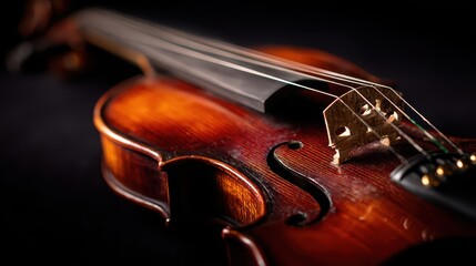 Fototapeta premium Intimate violin detail on a black backdrop highlighting strings and craftsmanship