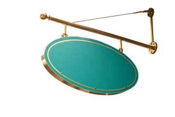 Elegant blank oval hanging sign with rich brass hardware displaying a vibrant teal panel perfect for branding mockups on transparent background