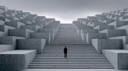Navigating the Labyrinth: A solitary figure stands at the base of a monumental, maze-like staircase, the stark geometric architecture symbolizing the challenges and journey of life.