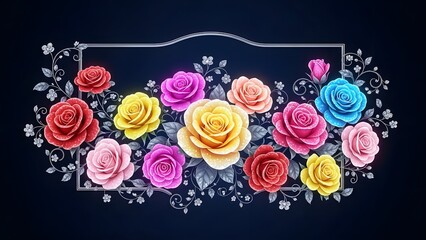 Vibrant collection of multicolored jewel-toned roses framed by intricate silver filigree and delicate sparkling white floral accents against a deep navy background perfect for elegant designs.
