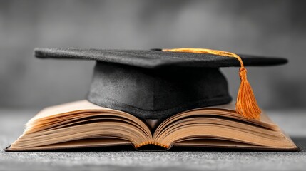 Academic Pinnacle: A photorealistic view of a graduation cap perched atop an open book, symbolizing academic achievement and the culmination of knowledge.