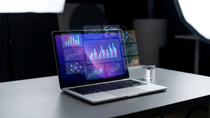 Modern Laptop Displaying Digital Business Analytics and Data Visualization