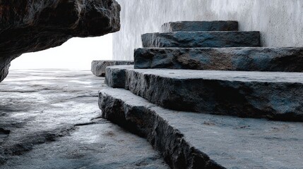Steps to the Sky: A stark architectural composition of stone steps leads upward, against the backdrop of a muted wall and textured floor. A study of form, texture and light.