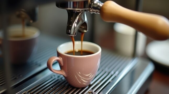 Close up of espresso pouring into a small cup from a coffee machine - Powered by Adobe