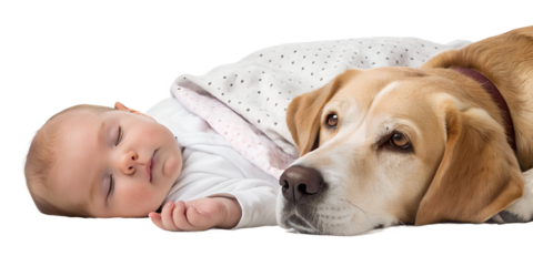 Friendly dog lying calmly next to a sleeping baby. Peaceful and safe moment showing trust between a baby and a family pet, isolated on transparent background, PNG.