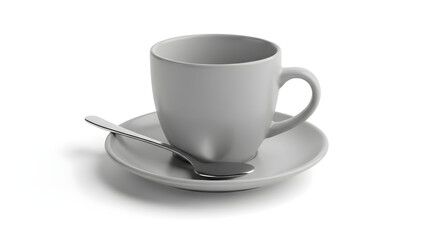 Obraz premium A minimalist monochrome photograph of a simple gray coffee cup and saucer with a small spoon, isolated on a clean white background symbolizing a quiet break