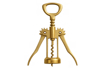 Golden wing corkscrew opening wine bottle on transparent background