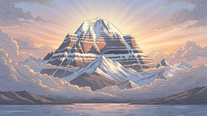 Snowy Mountain Peak Rising Above Clouds at Sunrise