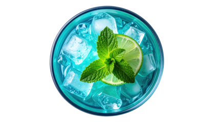Overhead shot of a vibrant blue cocktail with ice, mint, and a lime slice