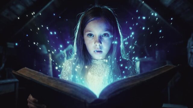 Young girl reading a magic book with glowing blue light and sparkles. Amazed child looking at an open book in a dark attic. Fantasy and imagination concept