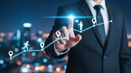 Businessman in formal suit interacting with digital growth graph and data icons representing success progress and financial growth analysis in modern corporate environment