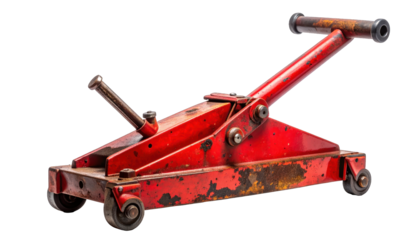 A well-worn red mechanical jack on a transparent background, side view