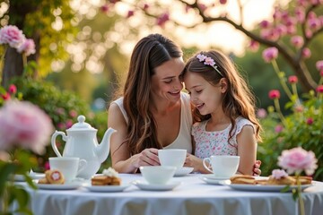 Capturing the Magical Connection between Mother and Daughter: A Whimsical Tea Party in a Blooming Garden celebrates maternal love and joy
