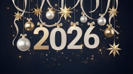 Happy New Year 2026 celebration with festive ornaments and glittering lights