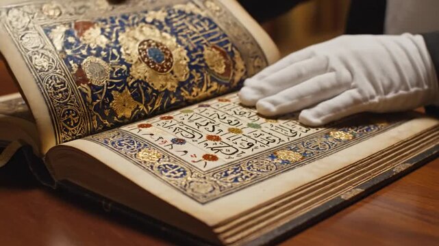 Gloved hand turns a richly illuminated page of an ornate manuscript with intricate calligraphy on a wooden table