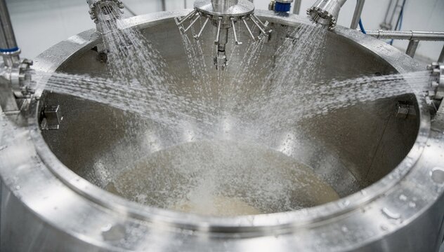 Medium shot capturing the rinse cycle with clear water flowing from CIP spray balls effectively flushing residues inside a batch mixing kettle for hygiene maintenance.