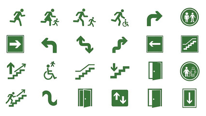 Collection of green directional and informational symbols for various purposes, including navigation and safety