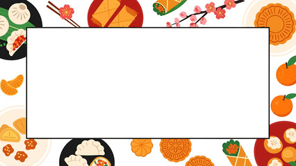 Vector graphic border with diverse traditional Asian food items, including dumplings, mooncakes, and spring rolls, for festive cultural designs