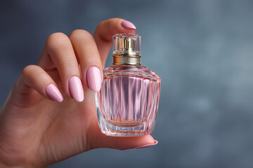 Close-up of female hand with manicured nails holding elegant pink perfume bottle isolated on gray background. Luxury fragrance, beauty elegance, cosmetic advertising and feminine scent marketing.