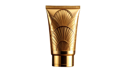 Ornate golden tube with Art Deco design, set against a stark black background