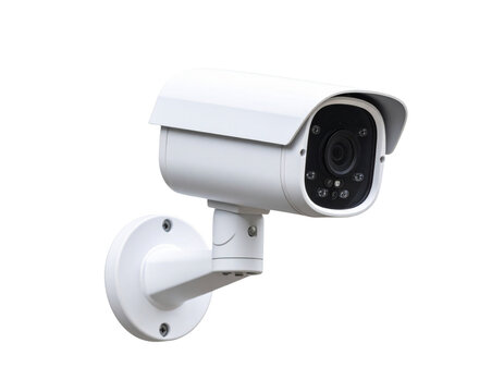 On a white background, a contemporary white security camera is isolated as part of a surveillance system for home protection and crime prevention, cut out
