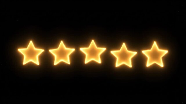 Gold glowing five star rating on black background with premium gold light glow and glowing star rating neon luminous soft halo conveying excellence and premium quality