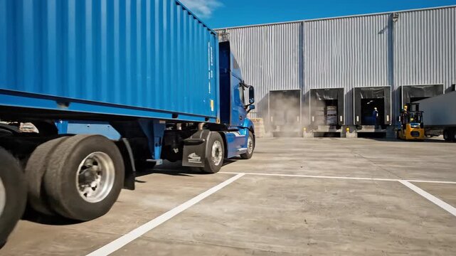 Commercial truck logistics at warehouse loading dock destination