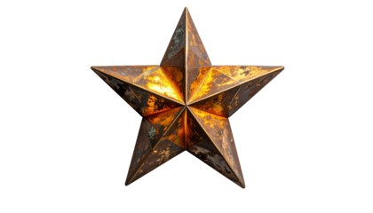 Close-up of a five-pointed star with a rusty, metallic appearance on a black background