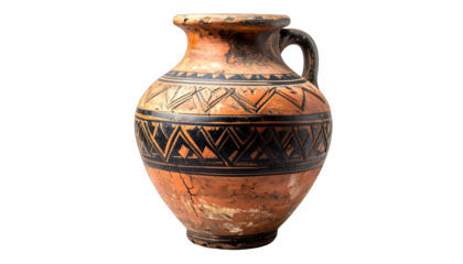 Ancient terracotta jug with black geometric designs and a handle