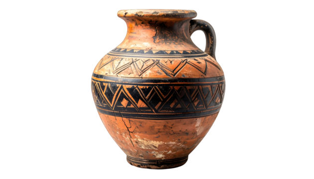 Ancient terracotta jug with black geometric designs and a handle - Powered by Adobe