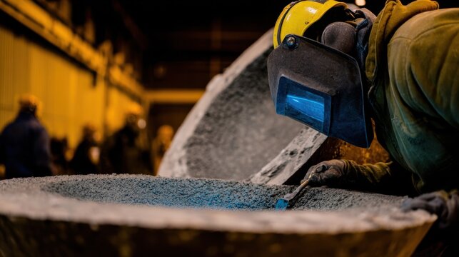 Medium shot of a worker applying refractory material inside a pouring ladle focusing on careful lining repair in an industrial foundry setting. - Powered by Adobe