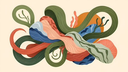 Abstract Wavy Ribbon Forms in Greens Reds and Blues