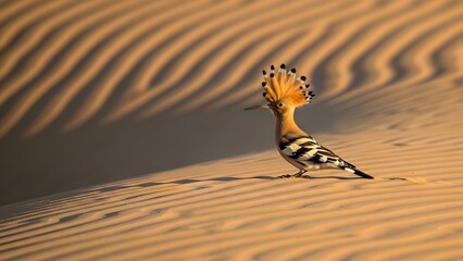 Striking closeup portrait of a magnificent hoopoe bird showcasing its unique erected crest feathers while standing proudly upon the textured, sunlit sand dunes during golden hour.