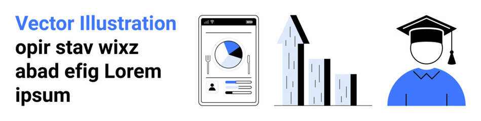 Data analysis, education, progress tracking, mobile app usage, growth strategy, academic success. Smartphone with chart, bar graph and graduate icon. Data analysis and education illustrated