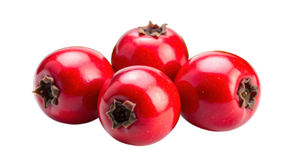 Vibrant red, spherical fruit with dark sepals clustered on a pure black background