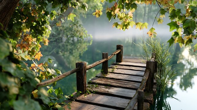 A charming wooden dock with a railing leads into a misty lake. - Powered by Adobe