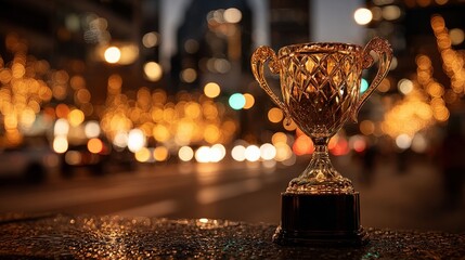 Golden Trophy in Urban Embrace: A glistening golden trophy stands prominently, catching the warm glow of city lights, a symbol of achievement against the backdrop of an urban night.