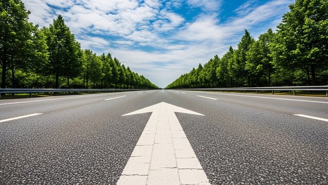 Wide empty highway with white arrow pointing straight ahead through lush green trees under blue sky with clouds for travel and road trip themes