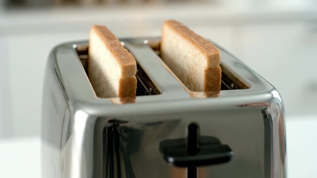 Toasted bread slices warming stainless steel toaster bright kitchen counter with shiny stainless steel two slice toaster and hand placing two toasted bread slices into stainless steel toaster warm
