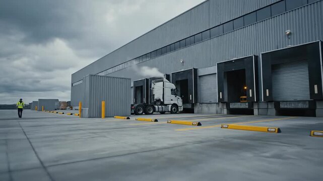 Commercial truck unloading at industrial warehouse loading dock