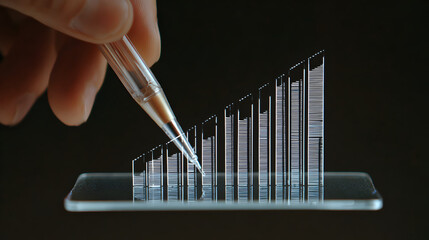 A hand holding a pen pointing to a 3D bar graph on a smartphone screen