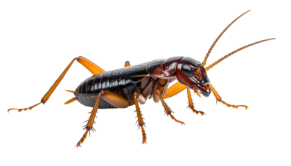 Close-up of a brown and black insect with long antennae and orange legs