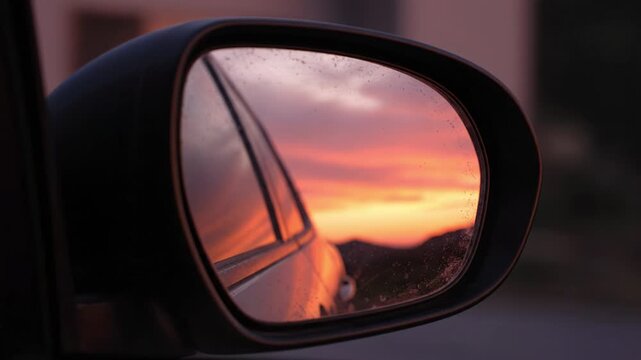 Car mirror rearview reflection of orange pink sunset sky over horizon road with water droplets on glass peaceful mood
